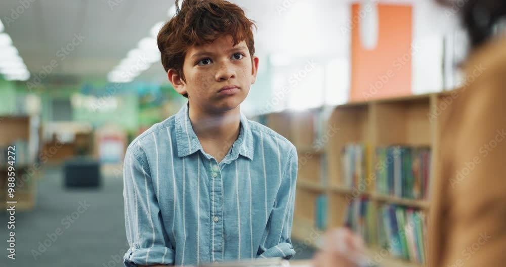 Poster answer, child and teacher with test, education and confused for preparation of exam, boy and shrug. 