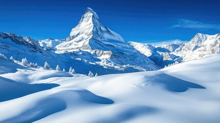 Obraz premium The Matterhorn in winter, with fresh snow blanketing the landscape and the peak standing out against a deep blue sky, creating a serene and majestic view.