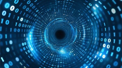 A blue tunnel filled with floating dots and numbers, resembling binary code in a dynamic vortex with lens flares, Generative AI.