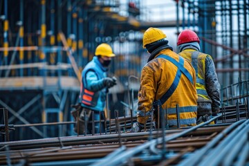 Construction Workers on Site Wearing Safety Gear and Helmets Amidst Scaffolding Structures