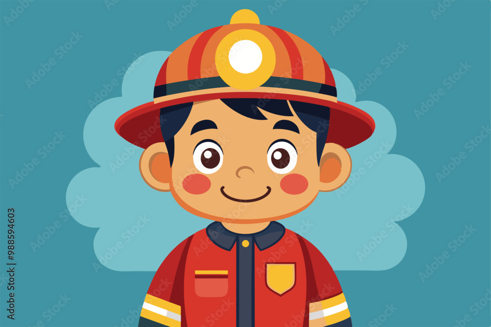 Poster a joyful fireman character smiles while wearing a colorful helmet and uniform against a simple backd
