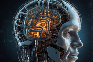 Futuristic robot with a glowing brain inside its head