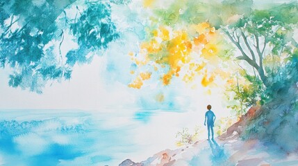 Dreamy Watercolor Scene of a Person Discovering Nature