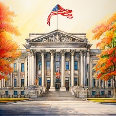 Obraz premium Majestic government building with a prominent USA flag on top, surrounded by vibrant autumn trees. The classic architectural style and serene atmosphere evoke a sense of history and national pride