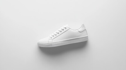 A simple pair of white sneakers with minimalistic design is positioned at the center of a plain white background.
