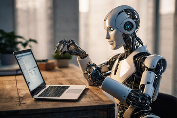 Fototapeta premium A humanoid robot sits at a desk, using a laptop