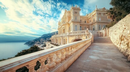 Fototapeta premium The opulent Monaco palace, standing majestic against the sky, but strangely deserted, with no tourists or guards in sight.
