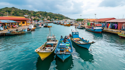 Obraz premium A bustling island port with colorful fishing boats market stalls and a lively waterfront.