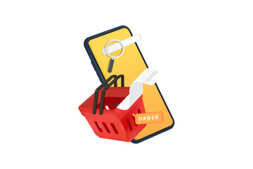 vector illustration features red shopping basket used in supermarket with a detailed, lengthy receipt or invoice paper extending from it, vector 3d isolated for e commerce, online shopping concept
