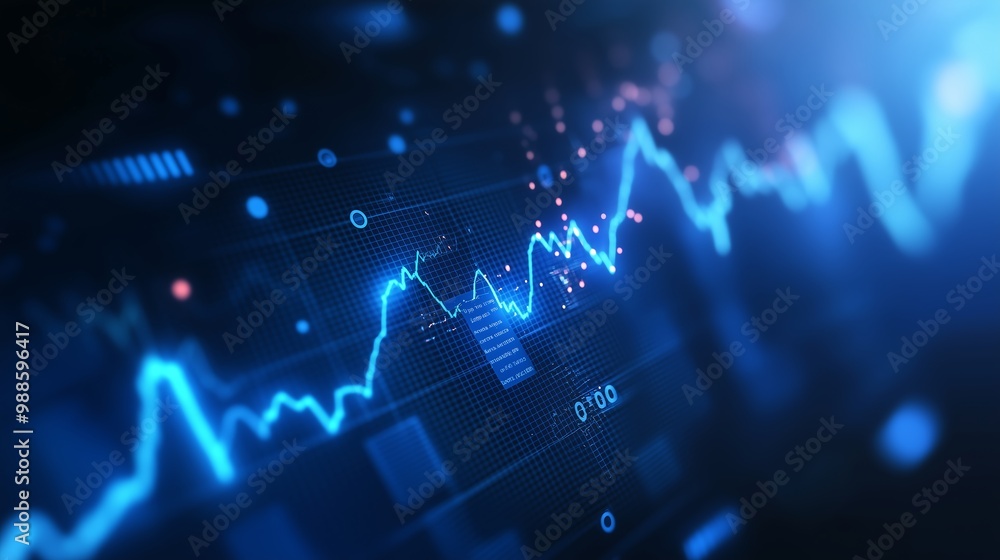 Poster dynamic blue financial chart with fluctuating data points showcasing market trends and analytics in 
