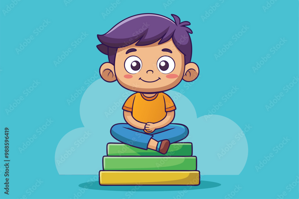 Aufkleber a happy kid sits on colorful blocks, smiling joyfully with a playful expression and colorful backgro
