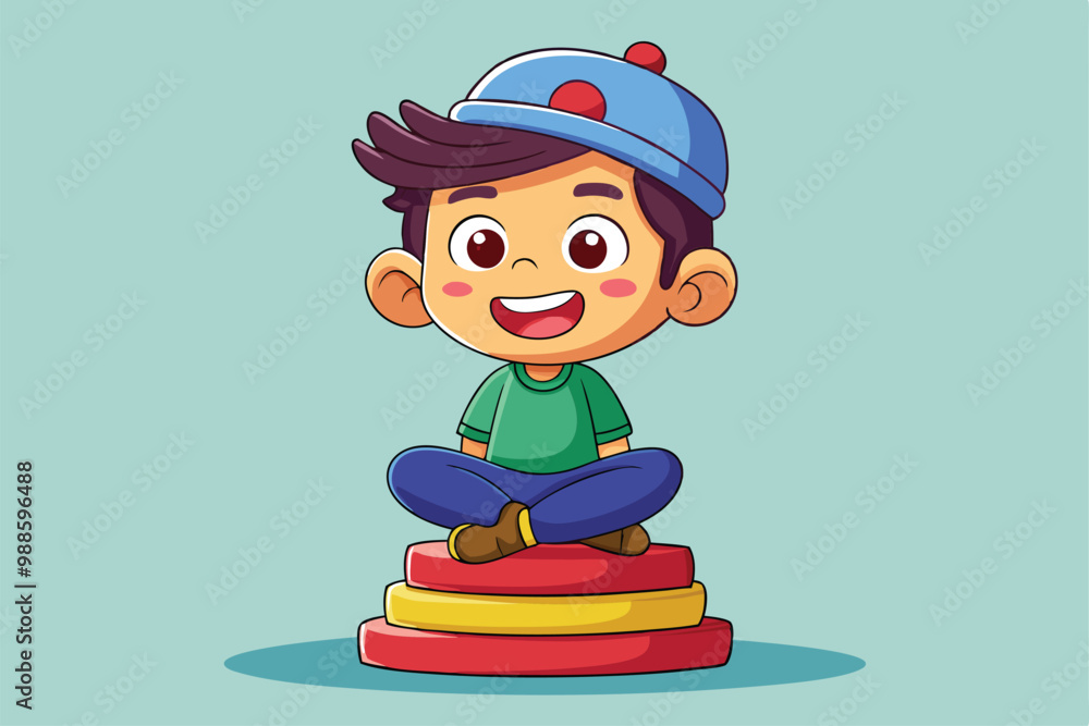 Poster a joyful child sits cross-legged on vibrant stacking blocks, beaming with happiness in a cheerful en