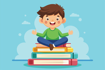 A happy child sits cross-legged on books, smiling with joy as they embrace the world of reading, a cartoon character of a Happy kid sitting on stack