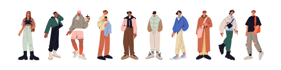 Set of diverse fashion men with accessories. Row of people wearing stylish outfits. Guys in trendy clothes with bags, caps. Male street vogue. Flat isolated vector illustrations on white background