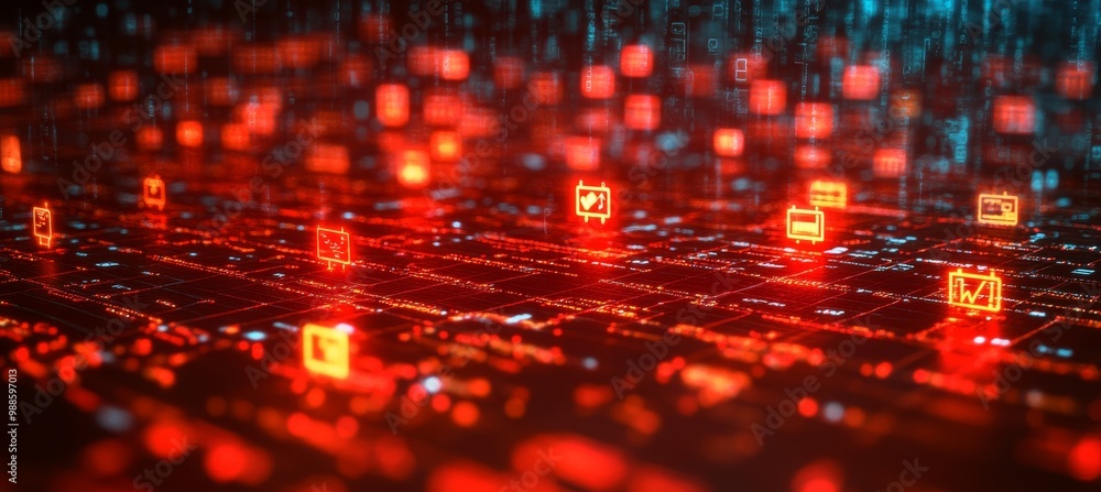 Poster red glowing network with digital icons representing data flow and technology in cyberspace.