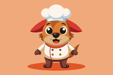 Fototapeta premium A cartoon dog chef is smiling while wearing a chef's hat and apron, looking ready to cook, a cartoon character of a illustration of a dog is wearing a chef's hat
