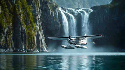 A classic seaplane making a precision landing on a secluded bay framed by towering cliffs and waterfalls cascading into the sea.