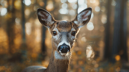 A medium close-up of a deer gracefully standing in a forest clearing, its big, soulful eyes looking directly at the camera, capturing a serene, natural screensaver.