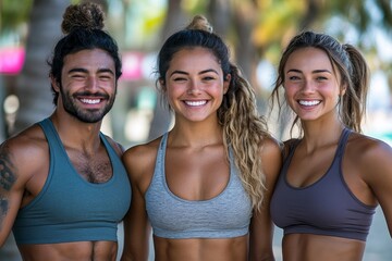 Portrait of happy fitness buddies standing on the beach promenade, ready for a workout, Generative AI