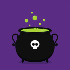 Witch cauldron, Halloween magic pot with green potion. Vector steel boiler with boiling magic brew or steaming goo. Cartoon kettle with poison.
