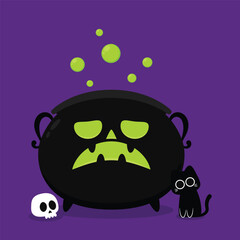 Witch cauldron, Halloween magic pot with green potion. Vector steel boiler with boiling magic brew or steaming goo. Cartoon kettle with poison.