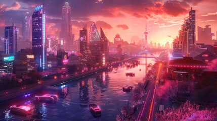 Obraz premium A futuristic cityscape with glowing neon lights, a river winding through the city and a vibrant sunset in the background.
