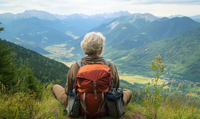 Backpacker overlooking green mountain landscape.