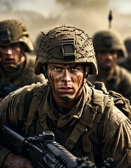 Fototapeta premium A soldier stares intensely ahead, his face marked with dirt and determination. Clad in combat gear, he leads a group of soldiers in the background, preparing for a fierce battle in a desolate warzone