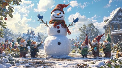 Obraz premium A snowman with a red hat and scarf stands in front of a group of gnomes
