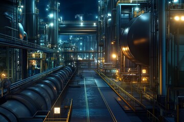 Fototapeta premium Futuristic Industrial Landscape - Glowing Pipes and Machinery in a Sci-Fi Factory