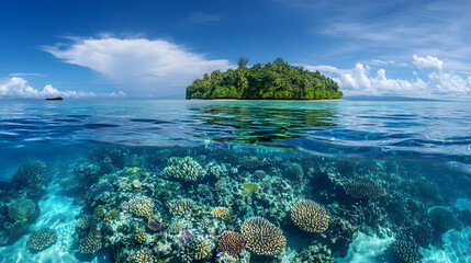 Naklejka premium An unspoiled island with a hidden lagoon and vibrant coral gardens visible through the clear waters.