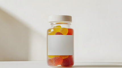 bottle of chewy gummies on neutral background with blank label
