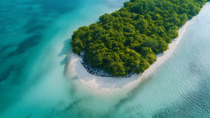 An untouched island with white sandy beaches and dense mangroves surrounded by azure waters.
