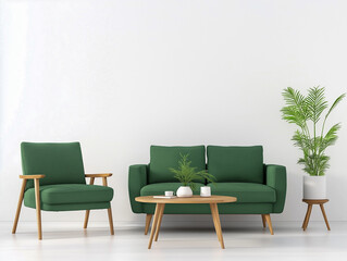 Living room interior with green sofa and armchair, coffee table