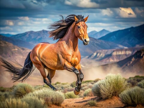 A majestic wild Kiger mustang horse tore through the untamed land, its hooves pounding the earth as it