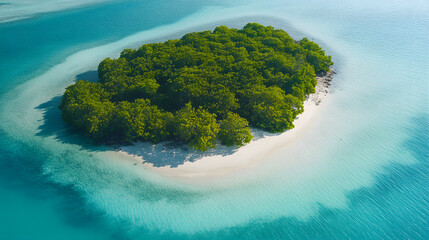 An untouched island with white sandy beaches and dense mangroves surrounded by azure waters.