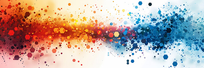 Obraz premium Abstract digital art with red, orange, and blue hues in a scattered, geometric pattern.