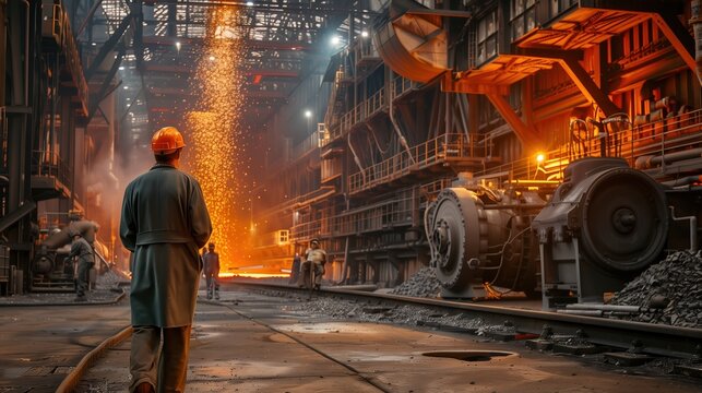 Production process at a steel plant. Work in the foundry. The process of work at a metallurgical plant. Metallurgists. Blast furnace. Melting metal. Domna. Conveyor.	

