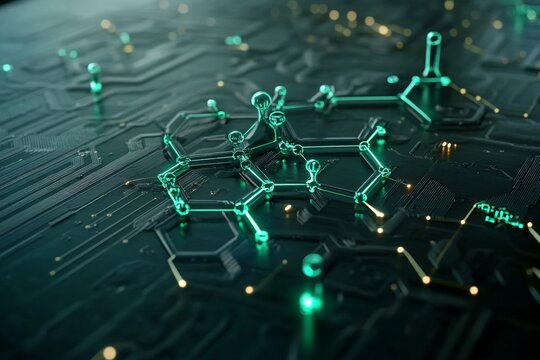Intricate Molecular Structure on a Dark Circuit Board - Powered by Adobe