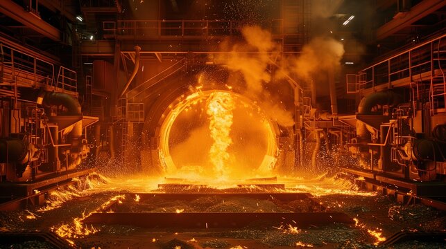 Production process at a steel plant. Work in the foundry. The process of work at a metallurgical plant. Metallurgists. Blast furnace. Melting metal. Domna. Conveyor.	
