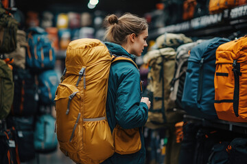 Obraz premium Young shopper with a backpack browses trekking gear at a sports store, carefully comparing different backpacks