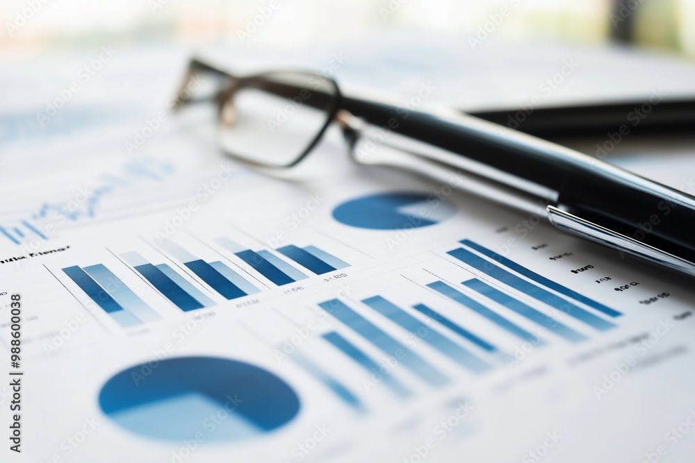 Poster detailed analysis of financial data presented through colorful charts and graphs with glasses and a 