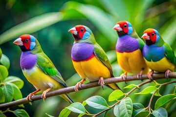 Obraz premium Amid lush greenery, vibrant Gouldian Finches perch on branches, brilliantly showcasing nature's colorful beauty in a