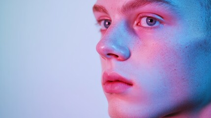 Modern Biometric Face Detection Technology on Pale Pinkish Young Adult Male with Soft Lighting against Plain Background