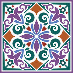 Fototapeta premium ceramic tile pattern vector, vintage damask wallpaper, colorful seamless floral background, texture for design floor, wall, textile, paper, tiled, Portugal, Morocco
