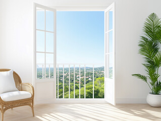 Living room with forged balcony in light apartment 
