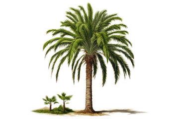 Fototapeta premium A single palm tree standing tall with a smooth brown trunk and radiating green leaves, perfectly centered on a plain white background