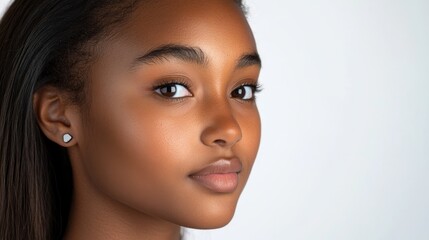 Naklejka premium Biometric Face Detection of Middle-Aged Woman with Deep Warm Brown Skin Tone in Soft Lighting on Plain Background