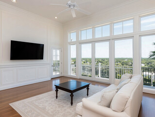 Living room with furniture and television by window 