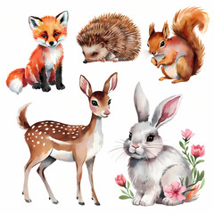  set of whimsical watercolor woodland animal clipart. Isolated on white background, Curious Fox Cub, Sleepy Hedgehog, Playful Squirrel, Gentle Doe, Fluffy Bunny with Flowers.